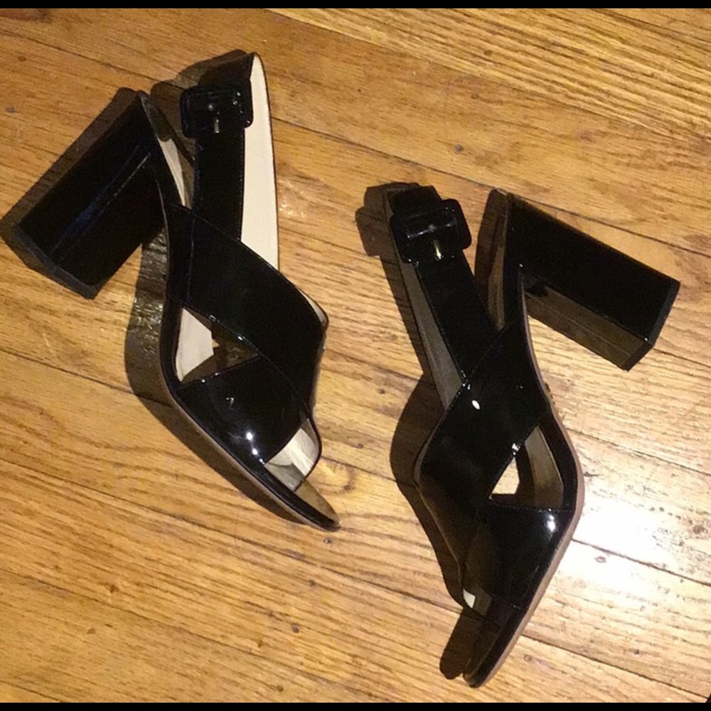 Prada Black Patent Leather Block Heel Sandals